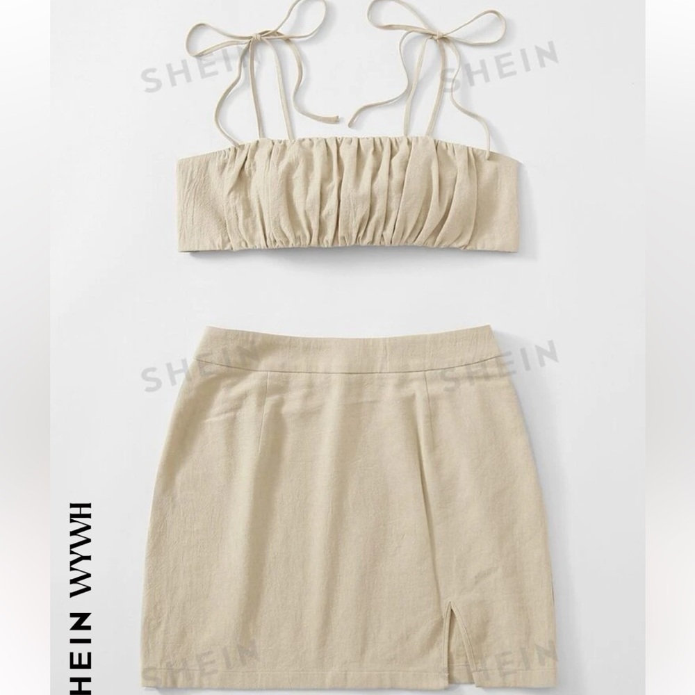 Tie Back Ruched Bust Crop Cami Top & Split Hem Skirt Set NWOT